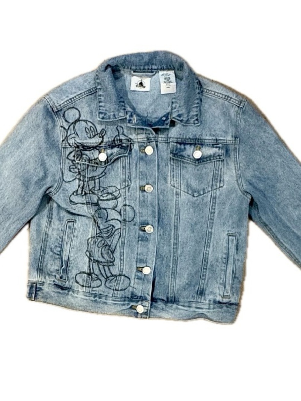 Disney Mickey Mouse Denim Jacket Womens Small Oversized Graphic Acid Wash